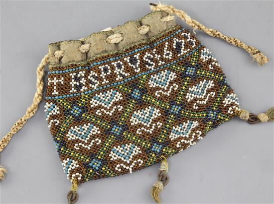 A James I beadwood purse, inscribed AN.GOLDSMETHSPRUS, 1623, 5.5 x 4.5in.